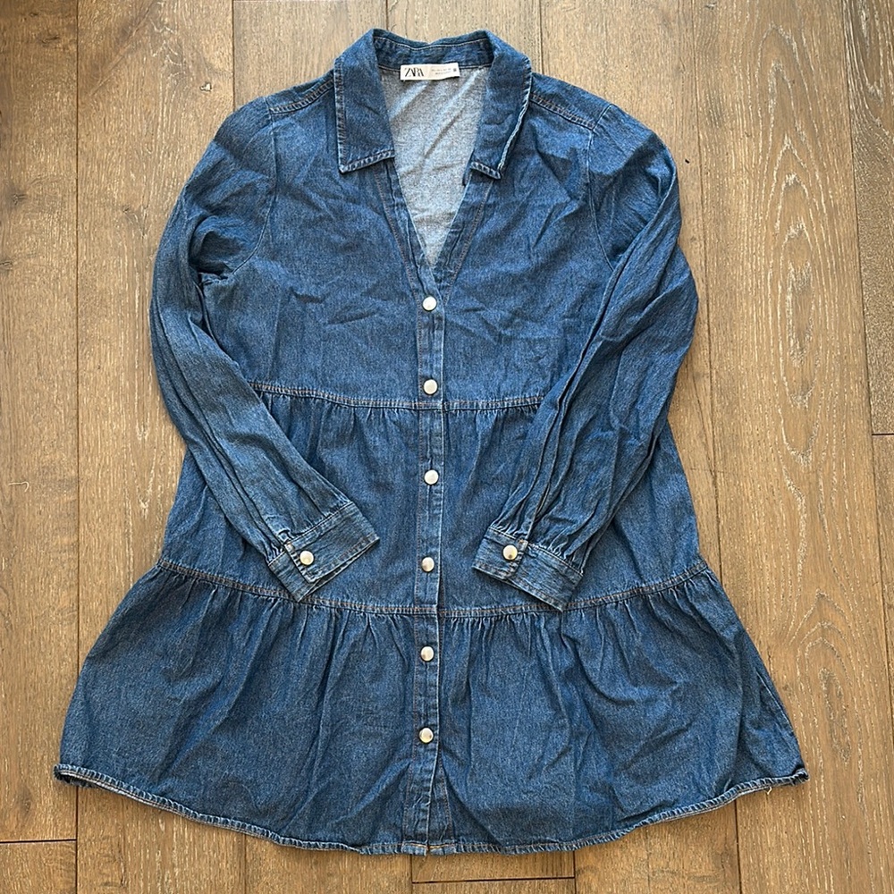 Zara Denim Ruffle Button Down Dress